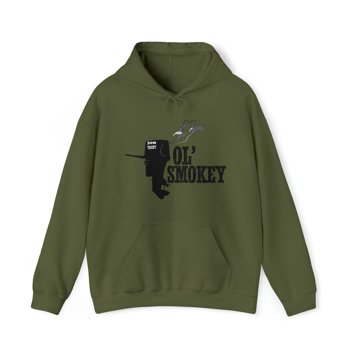 Olive green Ol' Smokey Hoodie with a black outboard motor graphic emitting smoke.