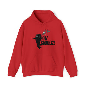 Red Ol' Smokey Hoodie with black 2-stroke engine graphic and "OL' SMOKEY" text.