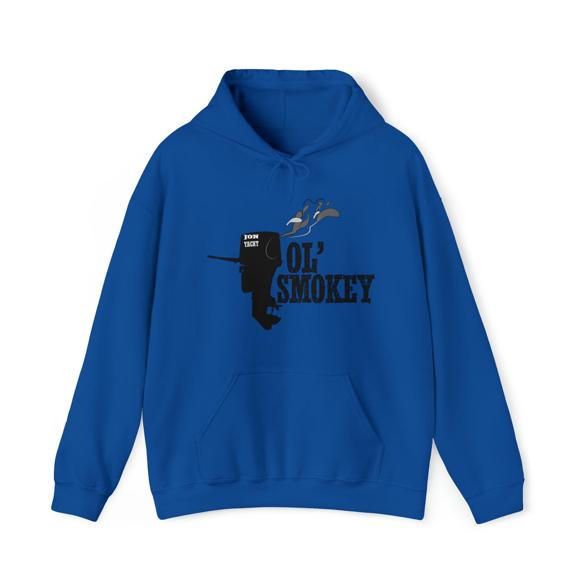 Royal blue Ol' Smokey Hoodie with a black 2-stroke engine graphic and "OL' SMOKEY" text.