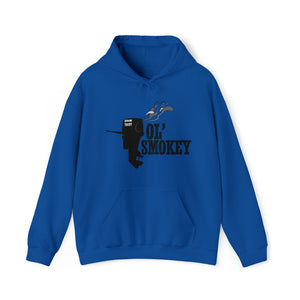 Royal blue Ol' Smokey Hoodie with a black 2-stroke engine graphic and "OL' SMOKEY" text.