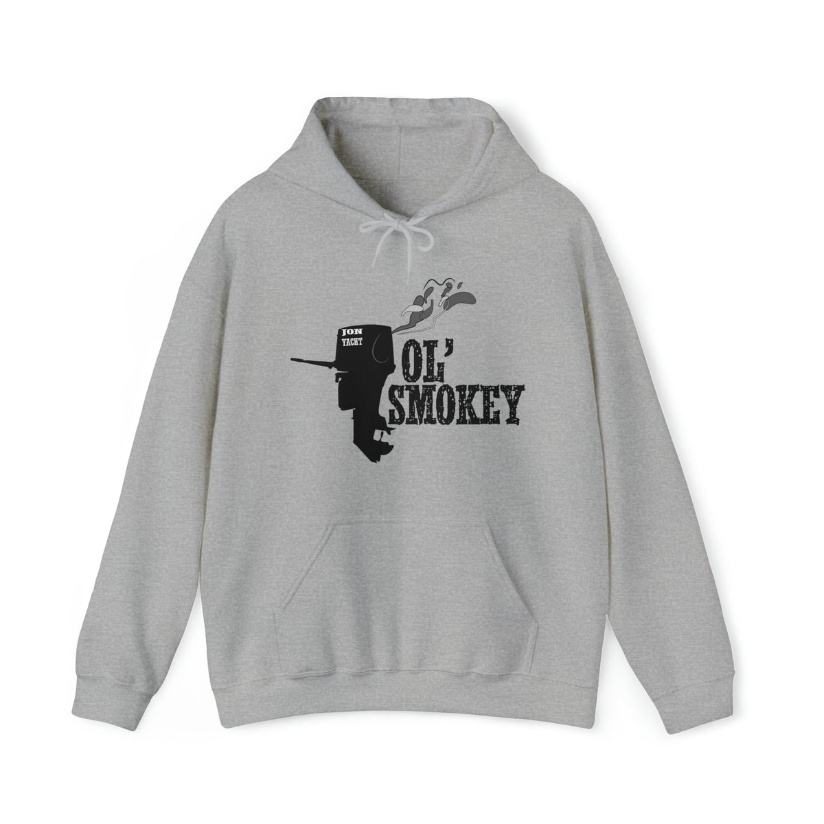 Light grey Ol' Smokey Hoodie with black outboard motor graphic and "Ol' Smokey" text.