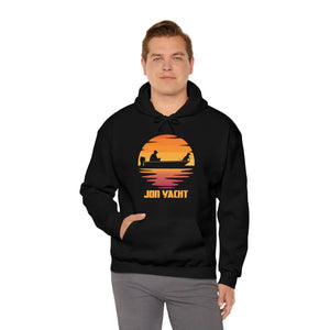 Black Ol Yeller Hoodie with "JON YACHT" sunset graphic, kangaroo pocket, and drawstring hood.