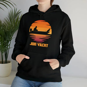 Black Ol Yeller hoodie with a sunset graphic of a person and dog in a boat, "JON YACHT" text.
