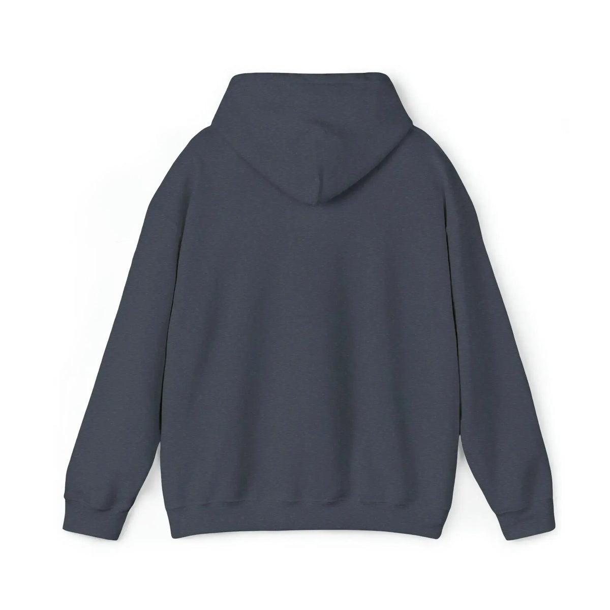 Back view of a classic fit, medium-heavy dark gray cotton-polyester hoodie with a hood.