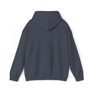Back view of a classic fit, medium-heavy dark gray cotton-polyester hoodie with a hood.