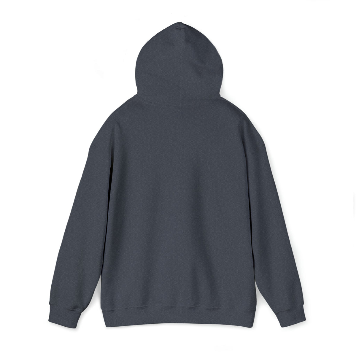 Back view of a classic fit, dark gray Ol Yeller Hoodie with a hood and ribbed cuffs.