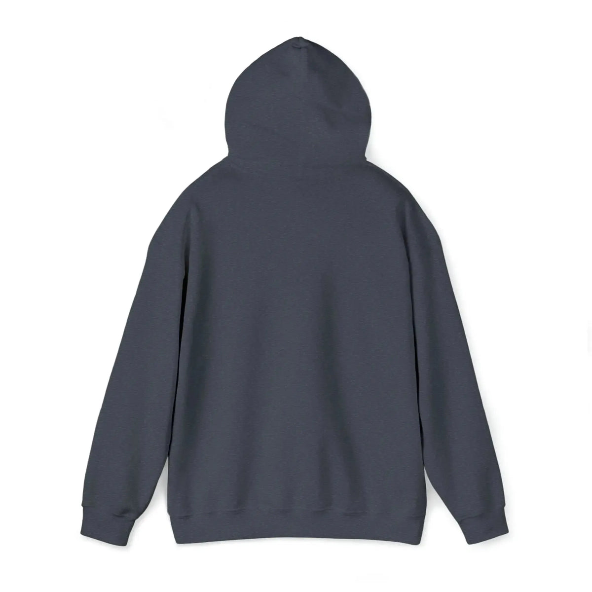 Back view of a classic fit, dark gray Ol Yeller Hoodie with a hood and ribbed cuffs.