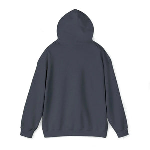 Back view of a classic fit, dark gray Ol Yeller Hoodie with a hood and ribbed cuffs.