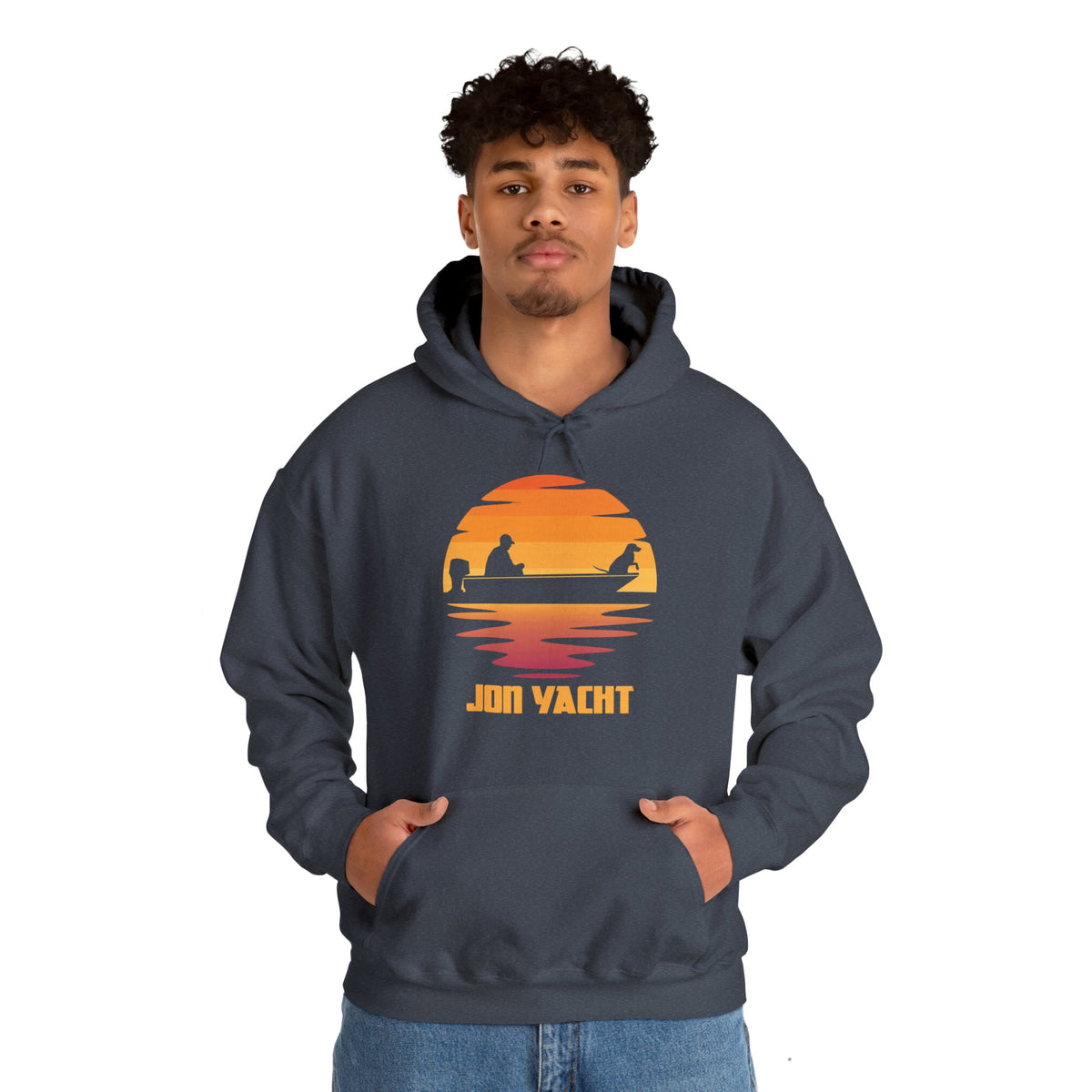Dark gray hoodie with "Jon Yacht" sunset graphic, kangaroo pocket, and matching drawstring.