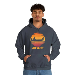 Dark gray hoodie with "Jon Yacht" sunset graphic, kangaroo pocket, and matching drawstring.