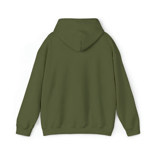 Back view of a classic fit, olive green cotton-polyester hoodie with a matching drawstring hood.
