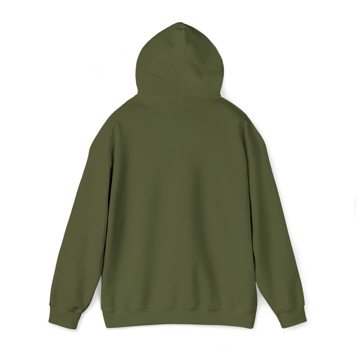 Back view of a classic fit, olive green cotton-polyester hoodie with a drawstring hood.