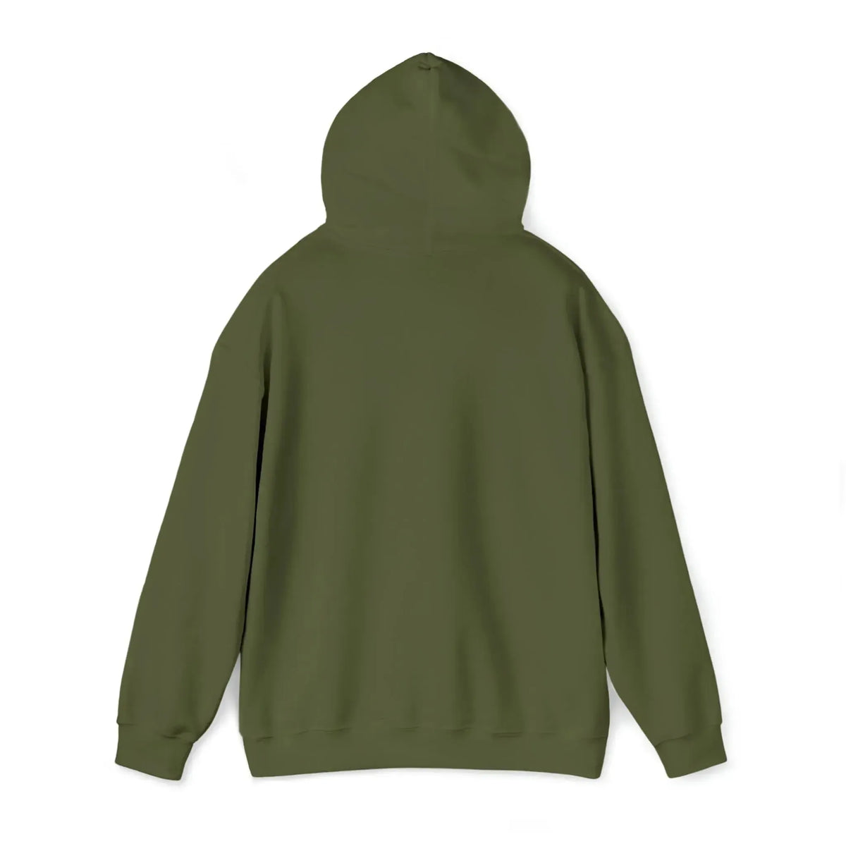 Back view of a classic fit, olive green cotton-polyester hoodie with a drawstring hood.