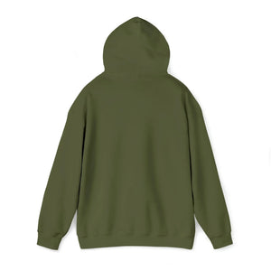 Back view of a classic fit, olive green cotton-polyester hoodie with a drawstring hood.