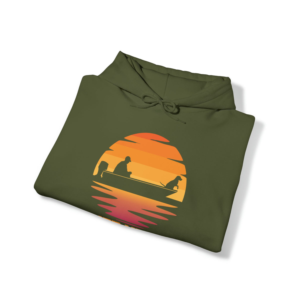 Olive green hoodie with a sunset graphic featuring a person and dog in a boat.
