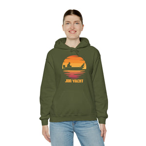 Woman wearing an olive green "Ol Yeller Hoodie" with a sunset boat graphic and "JON YACHT" text.