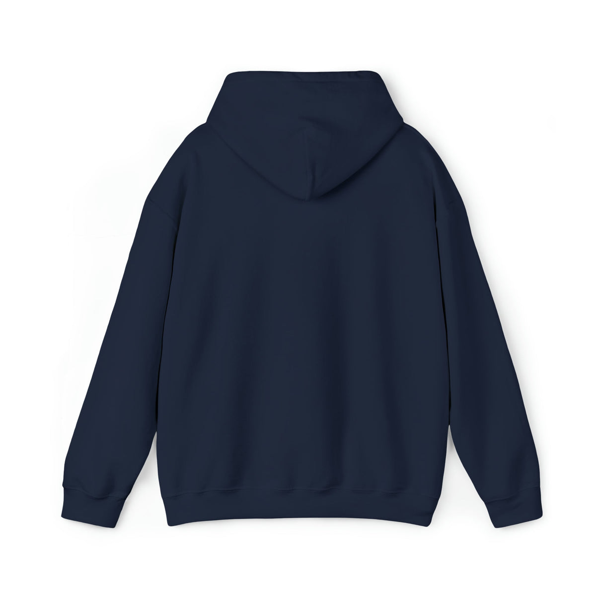 Back view of a classic fit navy blue hoodie with a hood and long sleeves.