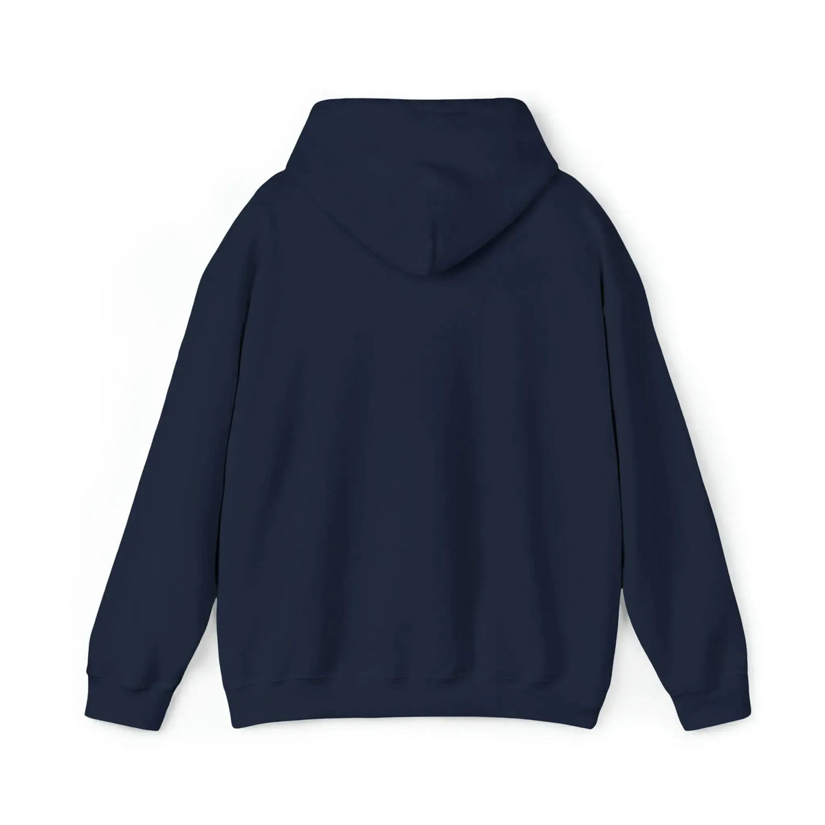 Back view of a classic fit navy blue hoodie with a hood and long sleeves.
