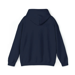 Back view of a classic fit navy blue hoodie with a hood and long sleeves.