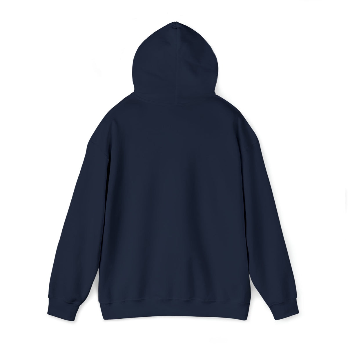 Dark blue classic fit hoodie, back view, with a hood and long sleeves, made of cotton-polyester blend.
