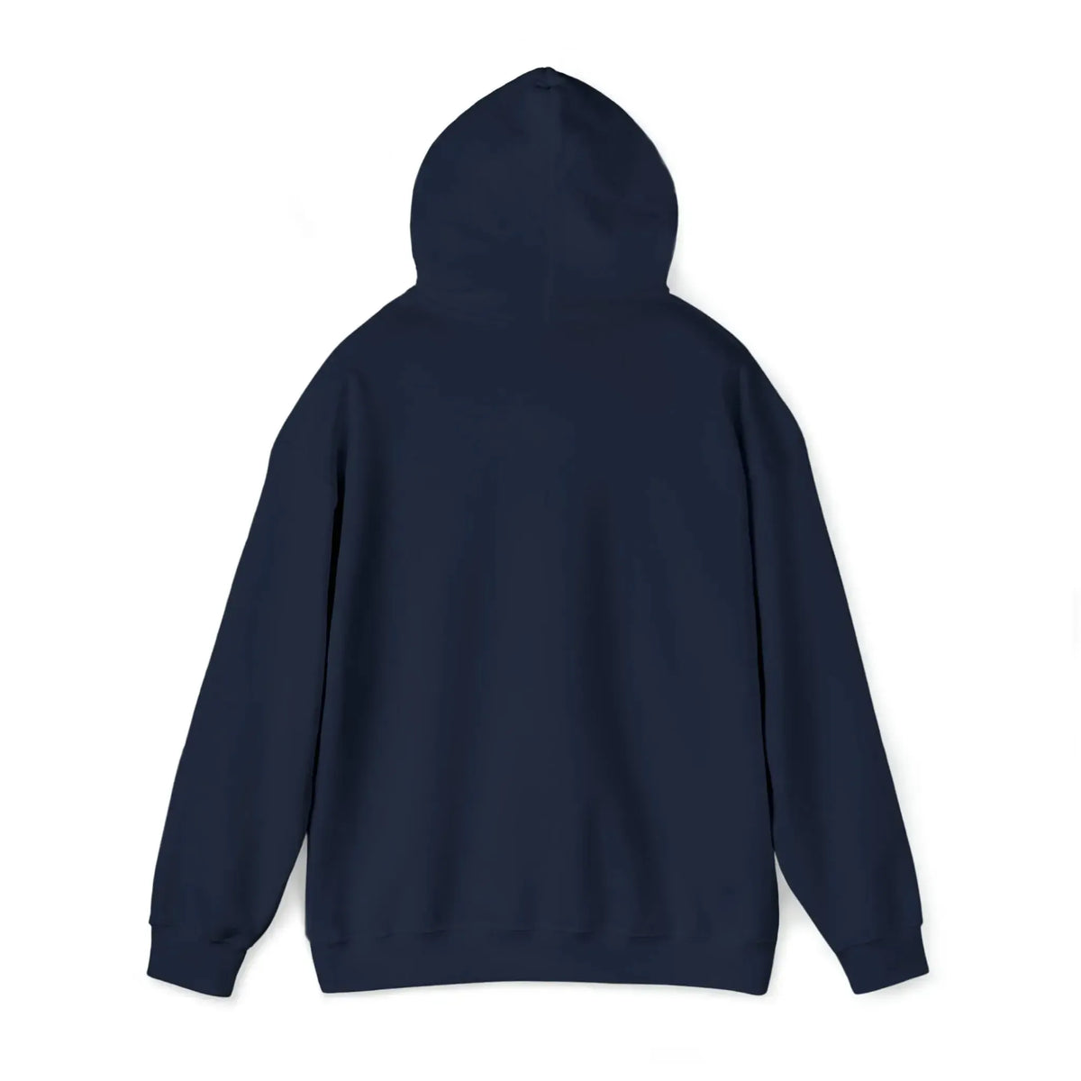 Dark blue classic fit hoodie, back view, with a hood and long sleeves, made of cotton-polyester blend.