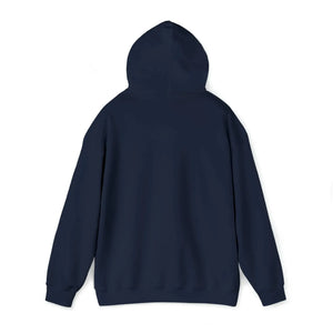 Dark blue classic fit hoodie, back view, with a hood and long sleeves, made of cotton-polyester blend.
