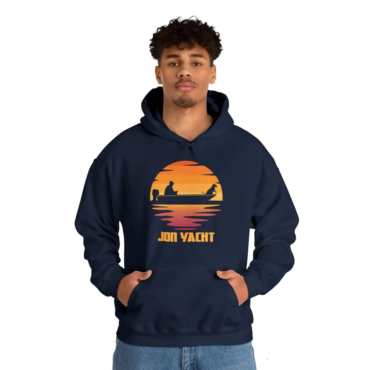 Navy hoodie with a sunset graphic featuring a boat, fisherman, and "JON YACHT" text.