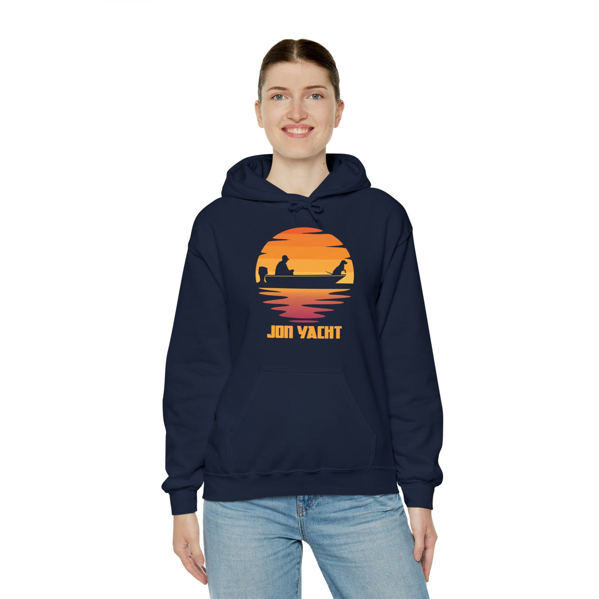 Woman in a navy blue cotton-polyester hoodie with a sunset boat graphic and "JON YACHT" text.