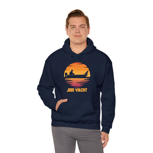 Man wearing a navy blue "Ol Yeller" hoodie with a sunset boat graphic and "JON YACHT" text.
