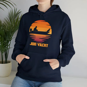 Navy blue hoodie with a sunset graphic featuring a person and dog in a boat, "JON YACHT" text, and a kangaroo pocket.