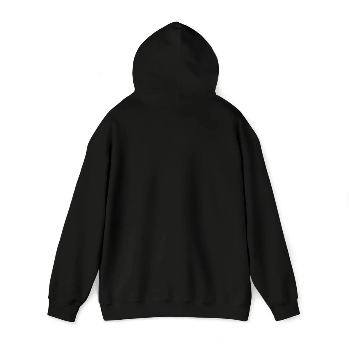 Back view of a plain black classic fit hoodie with a hood and long sleeves.