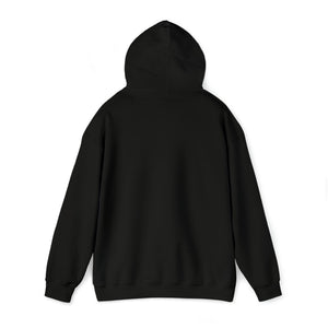 Back view of a plain black classic fit hoodie with a hood and long sleeves.