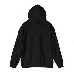 Back view of a plain black classic fit hoodie with a hood and long sleeves.