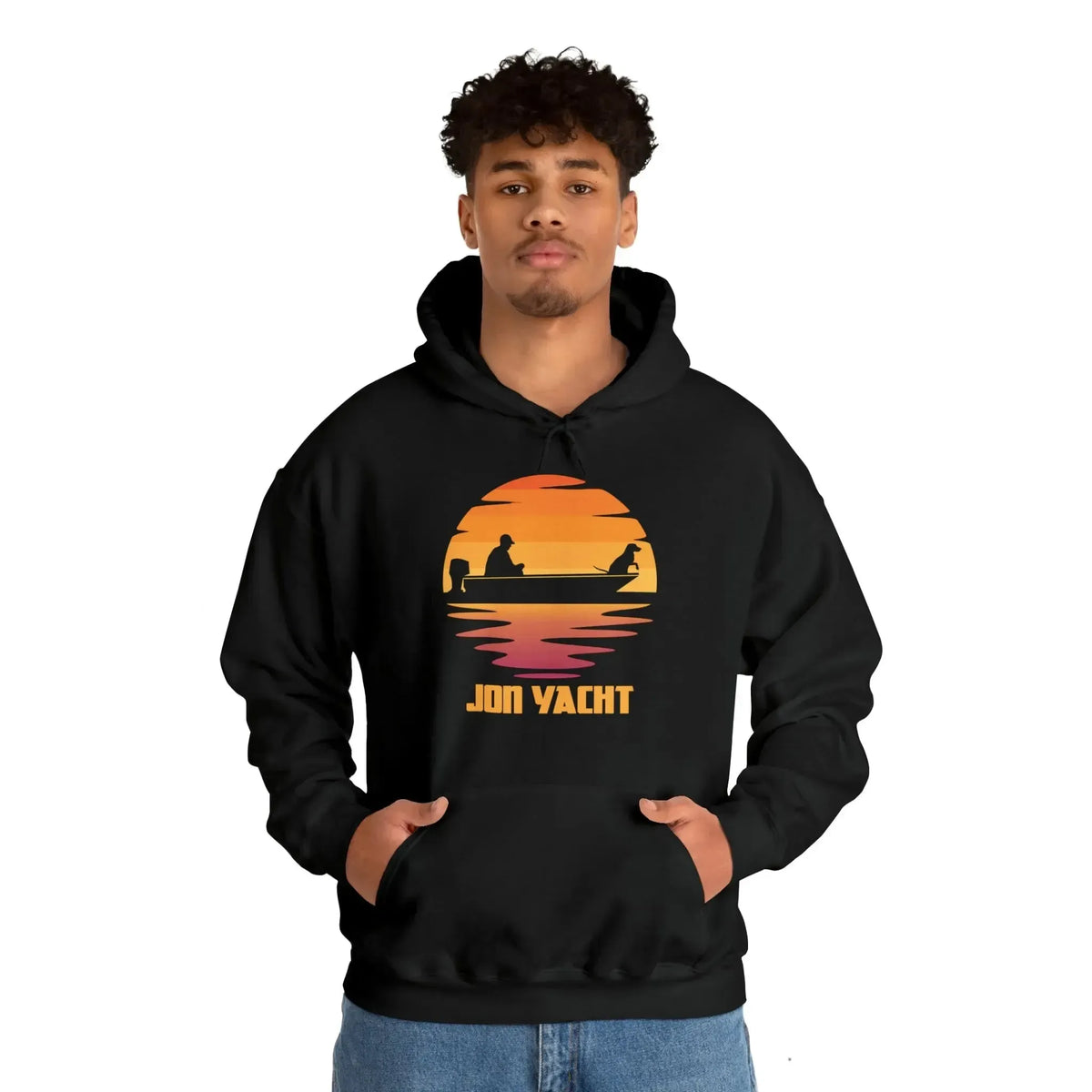 Black cotton-polyester hoodie with a sunset graphic featuring a person in a boat and "JON YACHT" text.