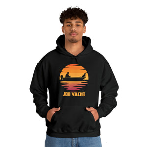 Black cotton-polyester hoodie with a sunset graphic featuring a person in a boat and "JON YACHT" text.