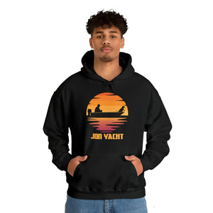 Black cotton-polyester hoodie with a sunset graphic featuring a person in a boat and "JON YACHT" text.