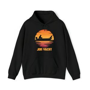 Black Ol Yeller hoodie with a sunset graphic featuring a person and dog in a boat, "JON YACHT" text.