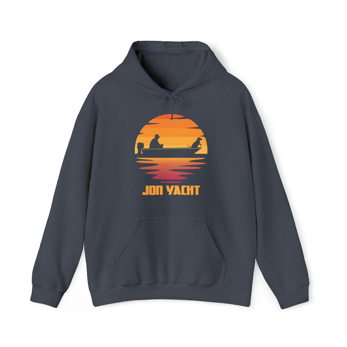 Navy blue hoodie with a sunset graphic featuring two people in a boat and "JON YACHT" text.