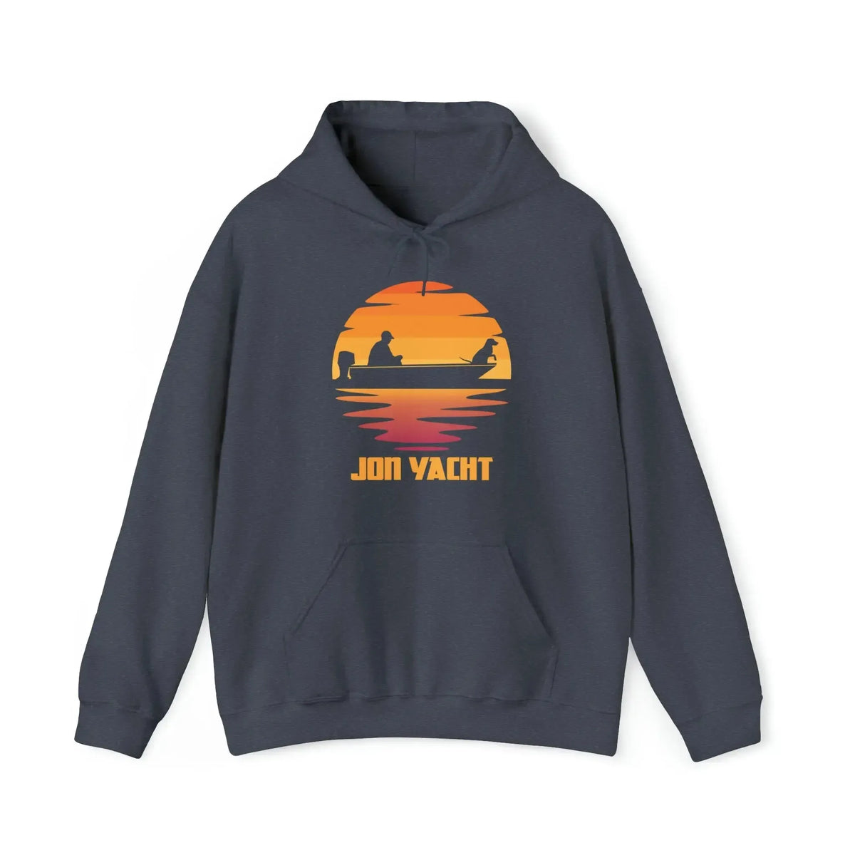 Navy blue hoodie with a sunset graphic featuring two people in a boat and "JON YACHT" text.