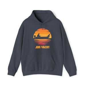 Navy blue hoodie with a sunset graphic featuring two people in a boat and "JON YACHT" text.