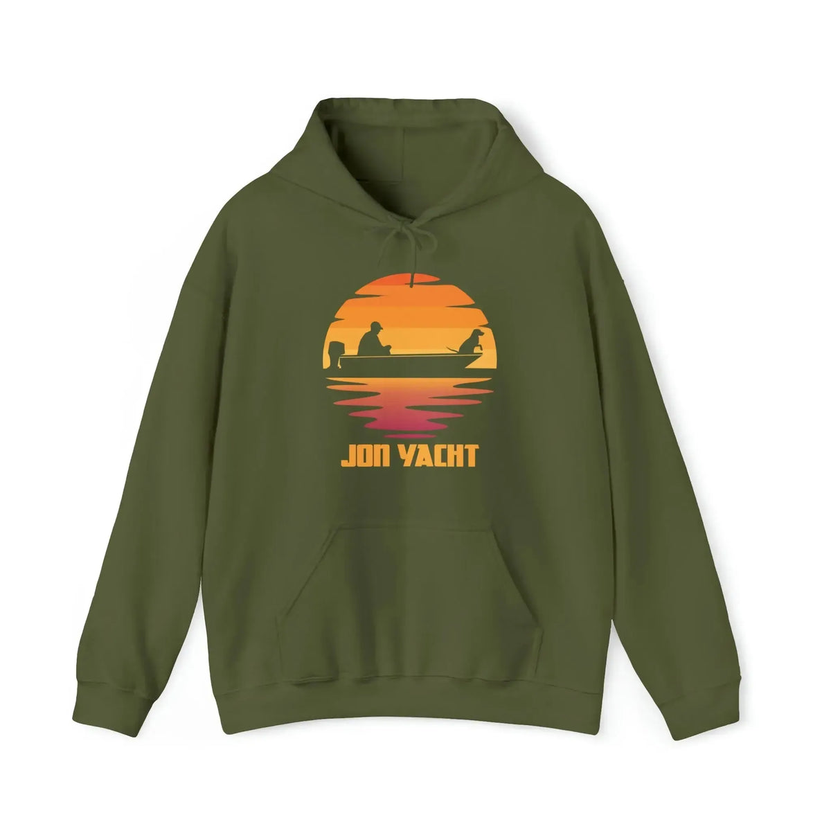 Olive green hoodie with a sunset graphic featuring two people in a boat and "JON YACHT" text.