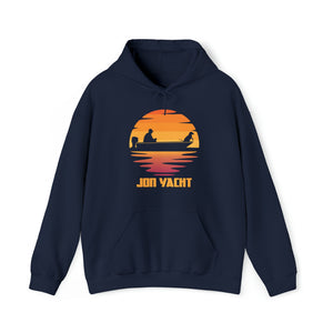 Navy blue hoodie with "JON YACHT" sunset graphic featuring two people in a boat.