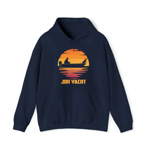 Navy blue hoodie with "JON YACHT" sunset graphic featuring two people in a boat.