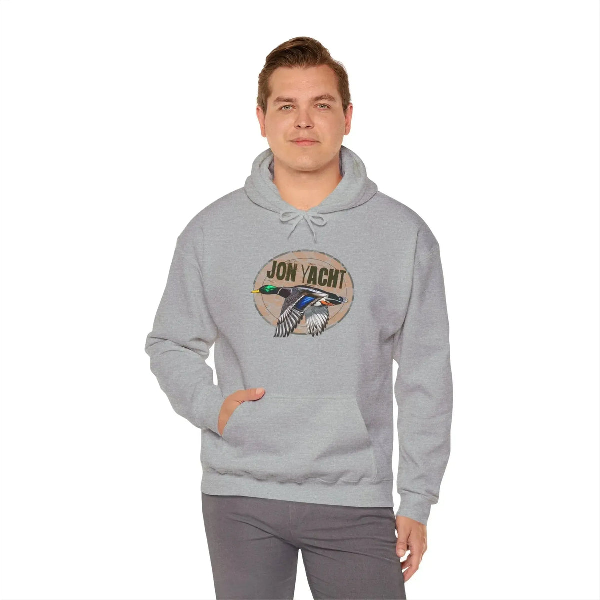 Gray cotton-polyester hoodie with "JON YACHT" text and a flying mallard duck graphic.