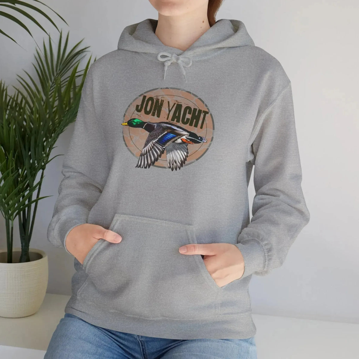 Gray cotton-polyester hoodie with a "Jon Yacht" logo featuring a flying mallard duck.