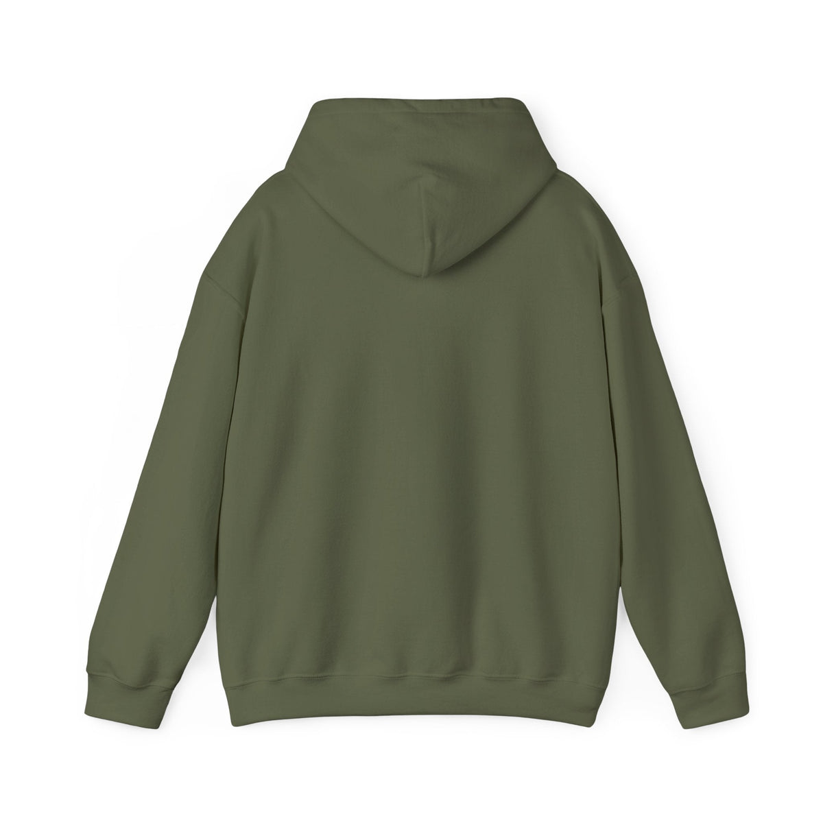 Back view of a classic fit, olive green cotton-polyester hoodie with a spacious hood.