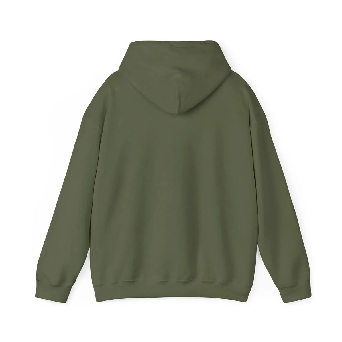 Back view of a classic fit, olive green cotton-polyester hoodie with a spacious hood.
