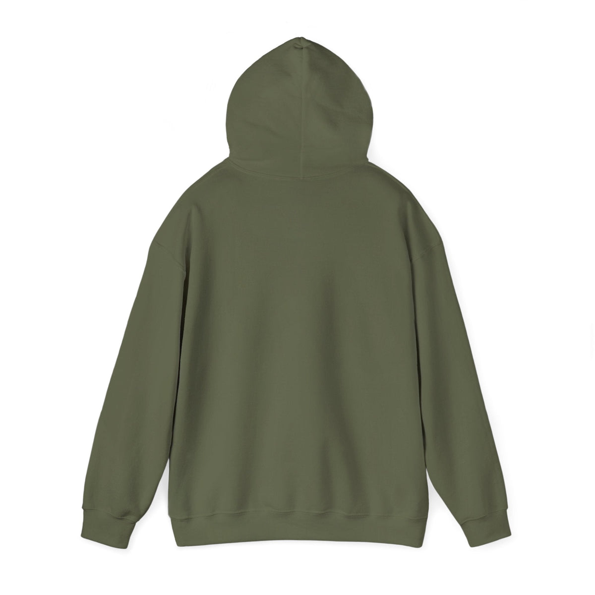 Back view of a classic fit, olive green cotton-polyester hoodie with a spacious kangaroo pocket.