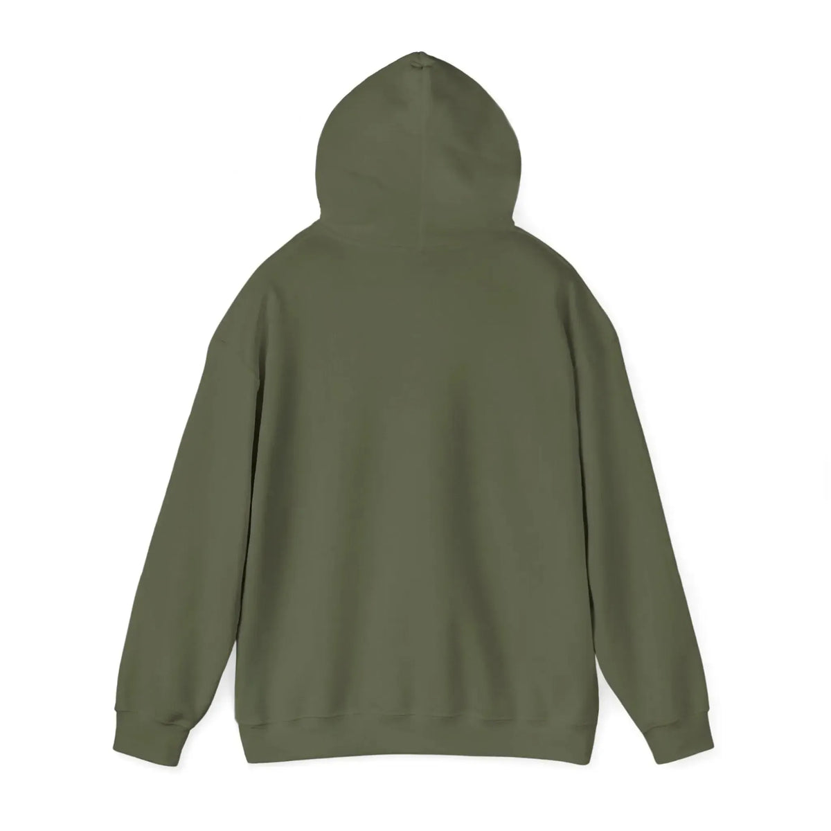 Back view of a classic fit, olive green cotton-polyester hoodie with a spacious kangaroo pocket.