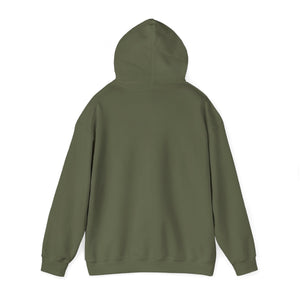 Back view of a classic fit, olive green cotton-polyester hoodie with a spacious kangaroo pocket.